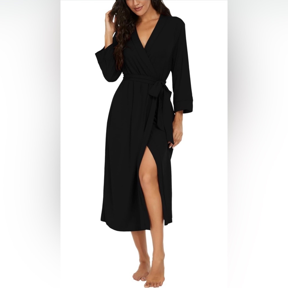 Women’s Long Black Print Dress Casual Loungewear Kimono Robe Wrap
